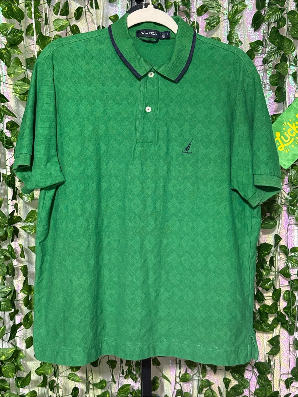 Nautica Green Short-Sleeve Polo with Contrast Collar Trim size small